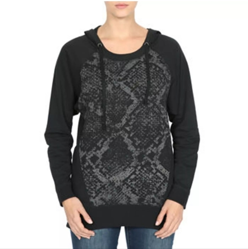 DKNY Jeans Women's Black Relaxed Fit Long Waisted Hoodie Cotton Pullover Size L
